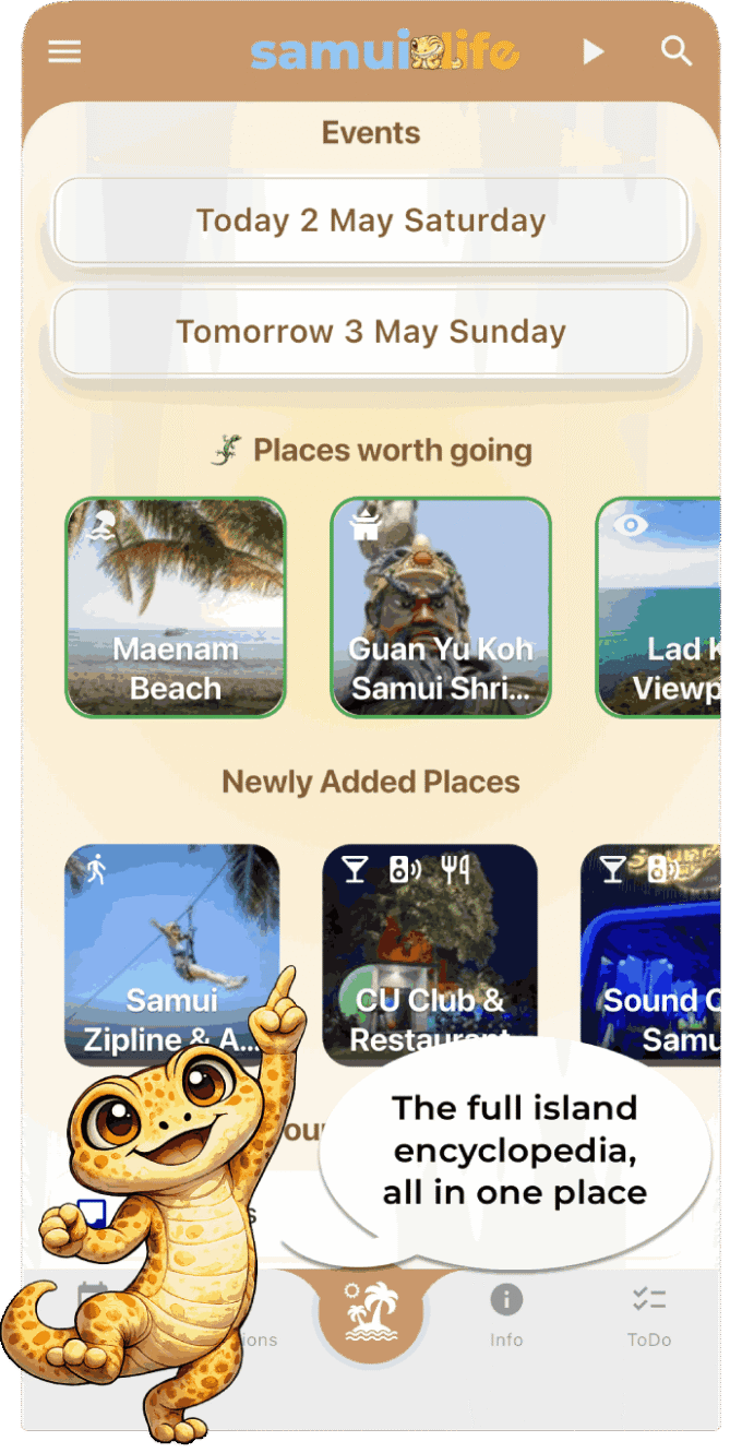 Samui Life app home screen with Koh Samui events, places, new locations, and island guide features
