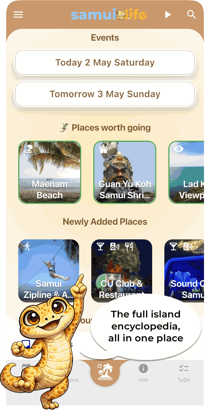 Samui Life app home screen with Koh Samui events, places, new locations, and island guide features