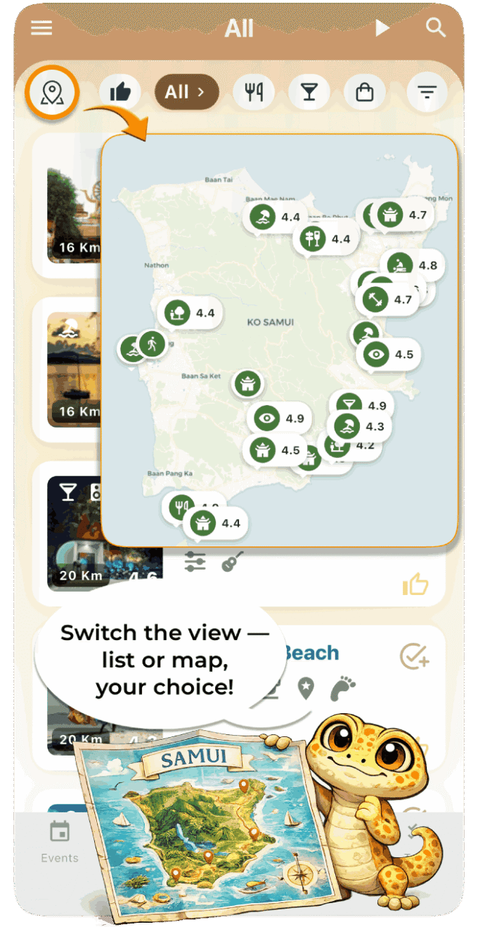 Samui Life app map and list view for interesting places on Koh Samui