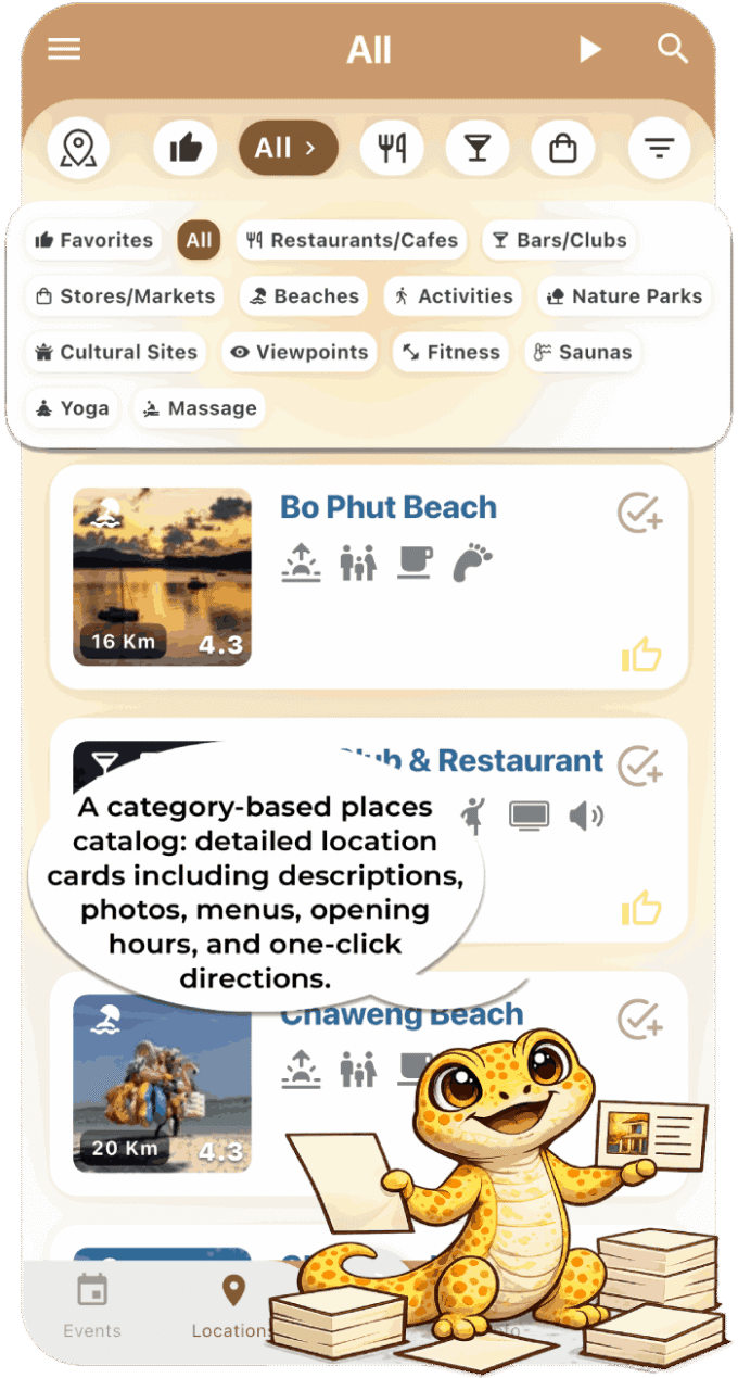 Samui Life island encyclopedia with categorized places, restaurants, beaches, viewpoints, fitness, yoga, and massage on Koh Samui