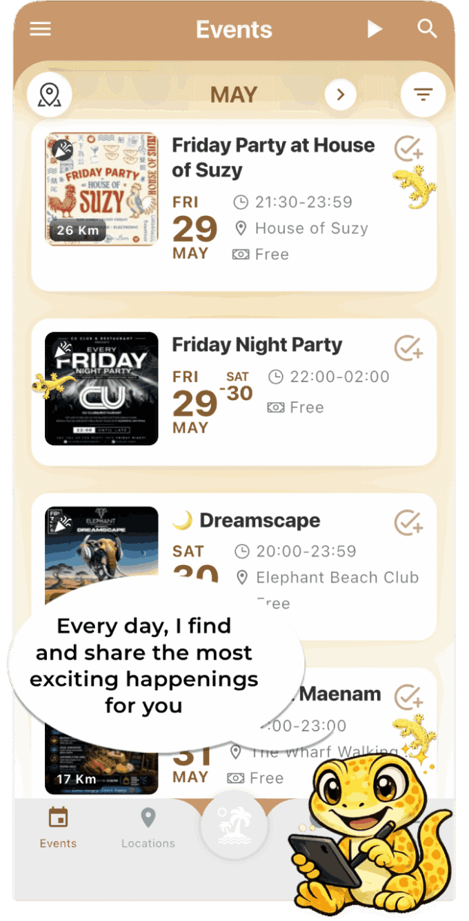 Samui Life app list of interesting events on Koh Samui with parties, markets, and island activities