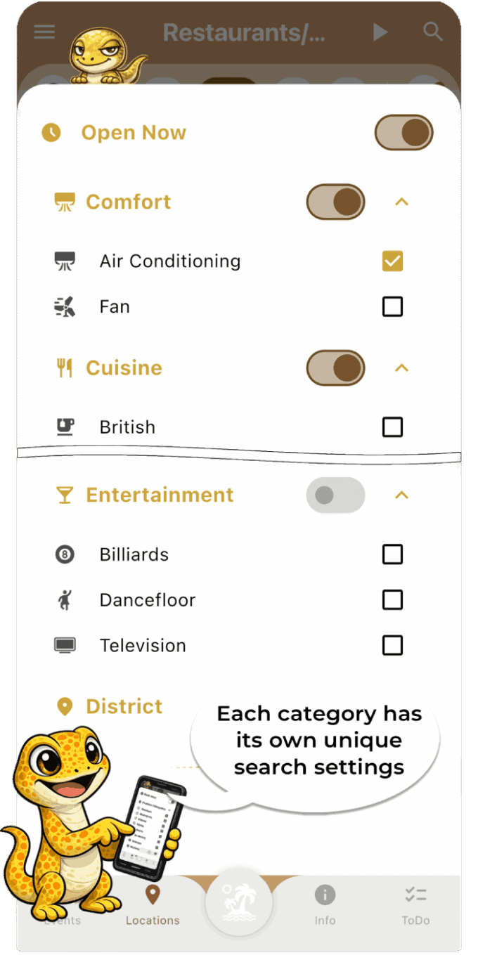 Samui Life app location filters for restaurants, comfort, cuisine, entertainment, and districts on Koh Samui