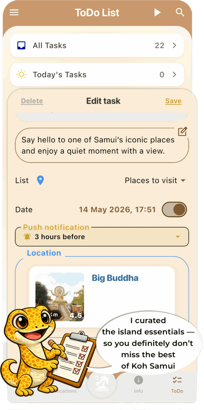 Samui Life app To-Do list with favorites, places to visit, and push notifications on Koh Samui