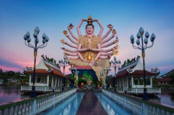 Wat Plai Laem Samui temple complex colorful architecture lake