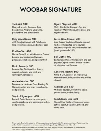 WOOBAR Samui menu international cuisine cocktails premium drinks