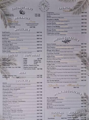 Coco Tam’s Koh Samui menu pizza pasta seafood cocktails and drinks