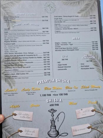 Coco Tam’s Koh Samui menu pizza pasta seafood cocktails and drinks