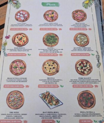 Coco Tam’s Koh Samui menu pizza pasta seafood cocktails and drinks